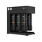 The Brio 500 Quick Change Reverse Osmosis System showcases four clearly labeled quick-change filter cartridges, a modern black casing, dual pressure gauges positioned at the top left, and a solid base—all displayed against a clean white background.