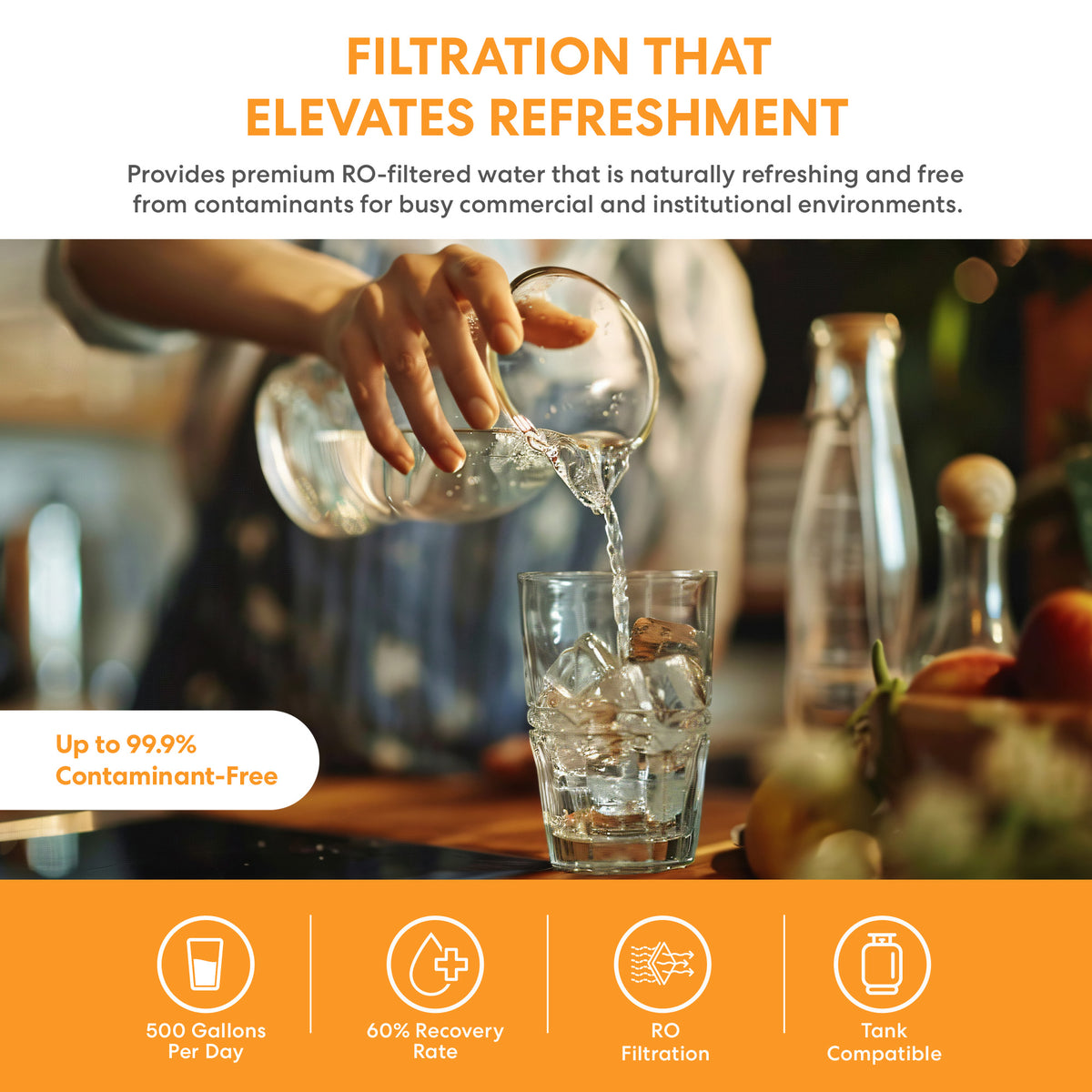 A person pours water from a glass pitcher into a glass, surrounded by various bottles on the table. Text highlights the benefits of the Brio 500 Quick Change Reverse Osmosis System, including up to 99.9% contaminant-free water, an impressive 500 gallons per day capacity, a 60% recovery rate, advanced RO filtration technology, quick-change filters for easy maintenance, and compatibility with commercial water filter tanks.
