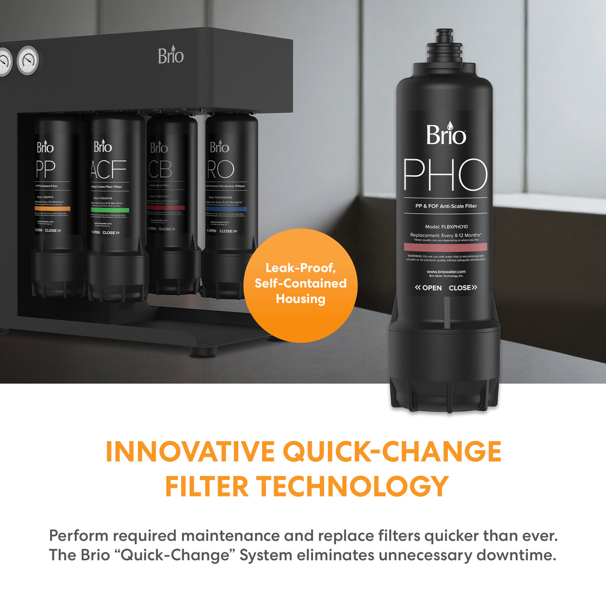 The Brio 500 Quick Change Reverse Osmosis System showcases its innovative quick-change PHO filter in front, highlighted with details about easy, leak-proof filter replacement. Featuring a commercial-grade design, this water filtration system offers simple maintenance with its quick-change filters—making it a dependable choice for safe and clean hydration.
