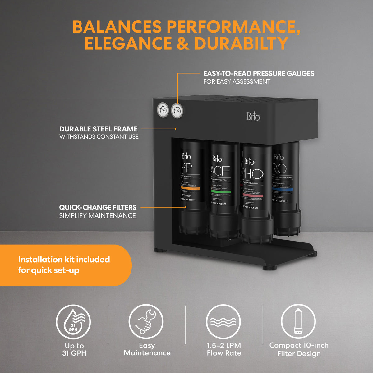 The Brio 500 Quick Change Reverse Osmosis System features a sleek black design with clearly labeled filters, pressure gauges, and text highlighting its durable steel frame, quick-change filters, easy setup, and compact build. Icons display key information such as GPH, maintenance needs, flow rate, and space-saving benefits—making it the perfect commercial water filtration solution.