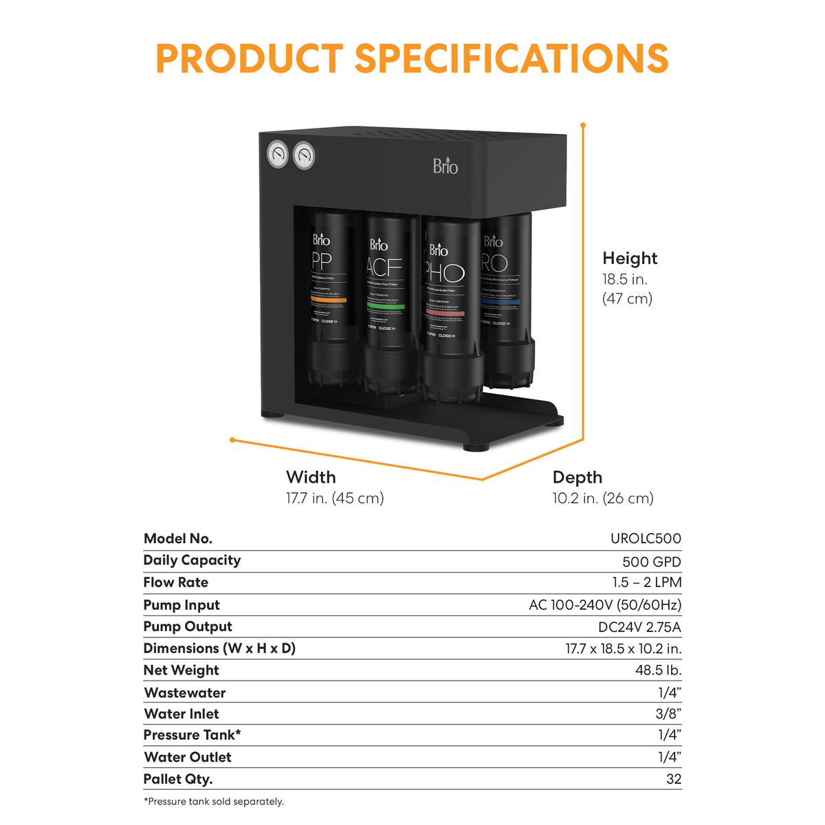 The Brio 500 Quick Change Reverse Osmosis System is displayed in black, with dimensions of 17.7″ W x 18.5″ H x 10.2″ D. Product specifications include a daily capacity of 500 GPD and a flow rate of 1.5–2 LPM. This commercial water filtration system features convenient quick-change filters for easy maintenance and dependable performance.