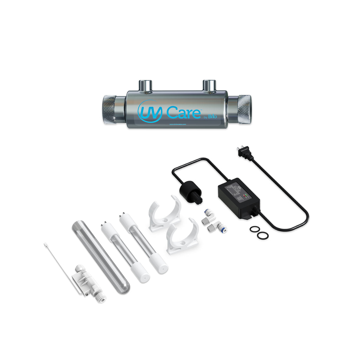 A UV-C Ultraviolet Light - 0.3 GPM water sterilizer is shown fully assembled at the top, with its disassembled parts, mounting brackets, power adapter, and installation accessories displayed below on a white background.