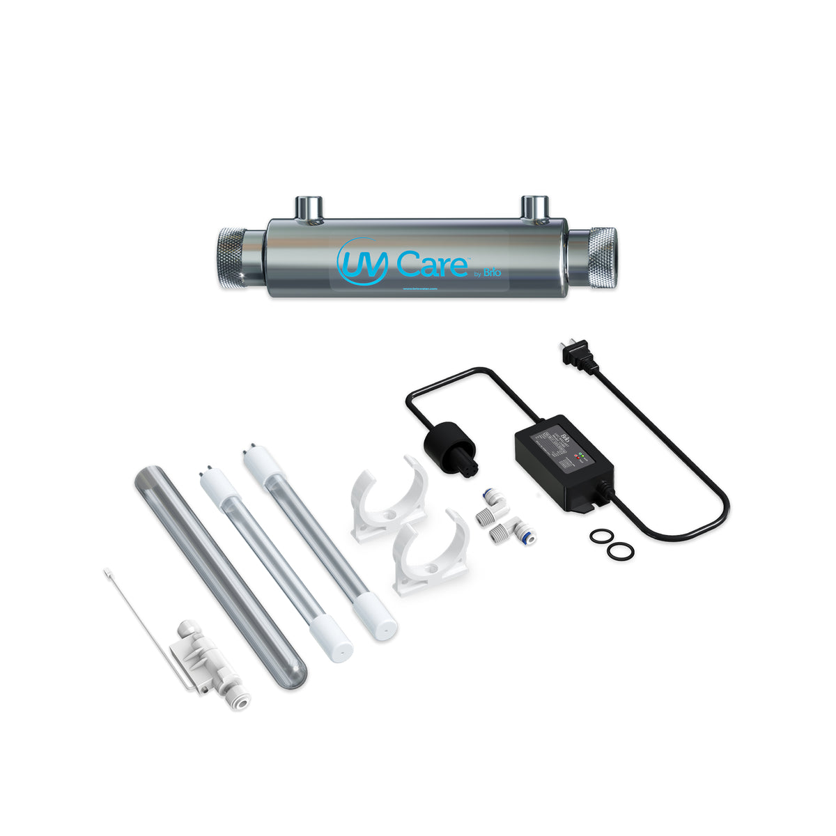 The UV-C Ultraviolet Light - 0.5 GPM features a stainless steel chamber, two UV lamps, and accessories for chemical-free water disinfection—perfect as an undersink sterilizer for safe, pure water at home.