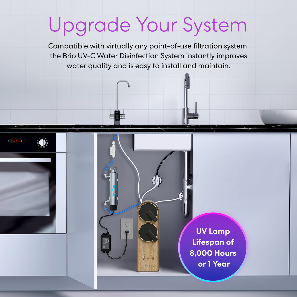 A modern kitchen with the UV-C Ultraviolet Light - 0.5 GPM ensures chemical-free water disinfection, easy installation, system compatibility, and a long-lasting lamp—up to 8,000 hours or 1 year.