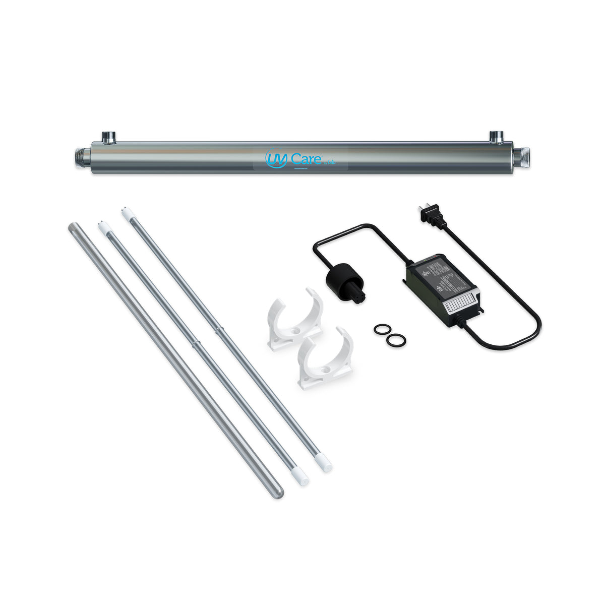 The UV-C Ultraviolet Light - 10 GPM whole house system includes stainless steel housing, rods, two white mounting clips, a black power supply and sensor, and two small rubber O-rings—delivering chemical-free water treatment.