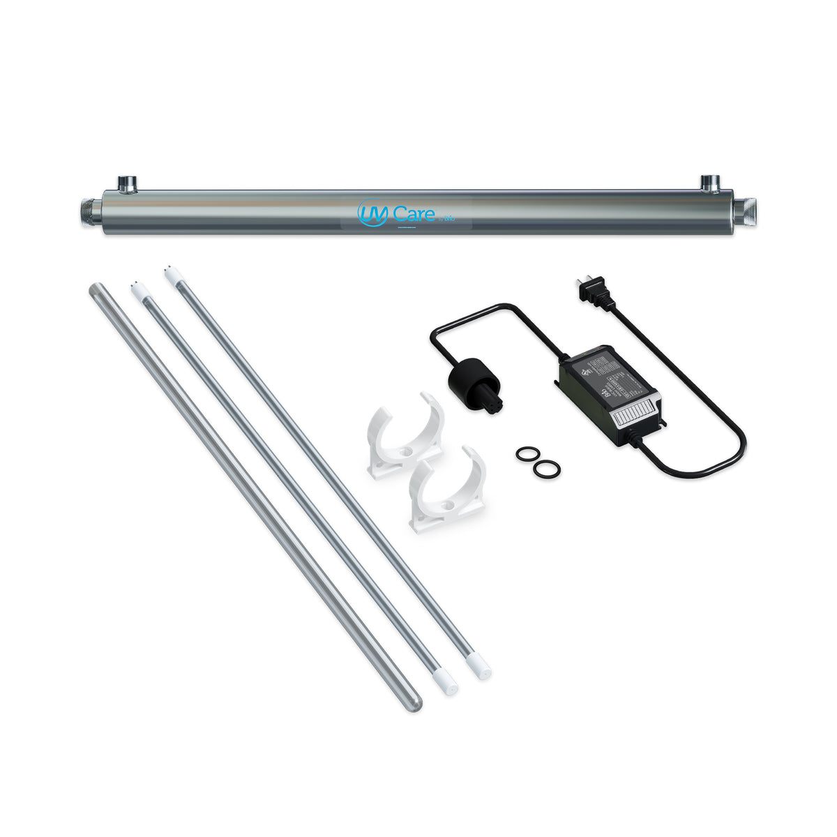 The UV-C Ultraviolet Light - 12 GPM kit includes a stainless steel tube, three long rods, two white brackets, a black power adapter with plug, and two small black O-rings—perfect for chemical-free water treatment and shown on a white background.