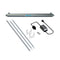 The UV-C Ultraviolet Light - 12 GPM kit includes a stainless steel tube, three long rods, two white brackets, a black power adapter with plug, and two small black O-rings—perfect for chemical-free water treatment and shown on a white background.