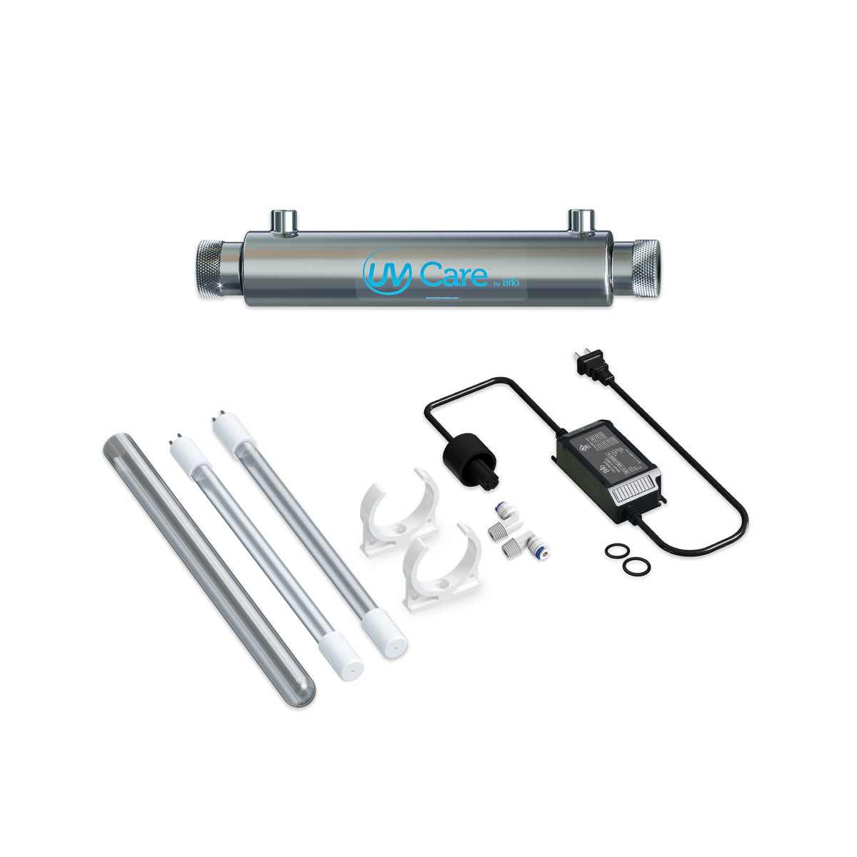 The UV-C Ultraviolet Light 1 GPM kit features a stainless steel chamber, two UV lamps, sleeves, mounting brackets, fittings, power supply, O-rings, and screws—ideal for chemical-free water treatment or use with reverse osmosis systems.