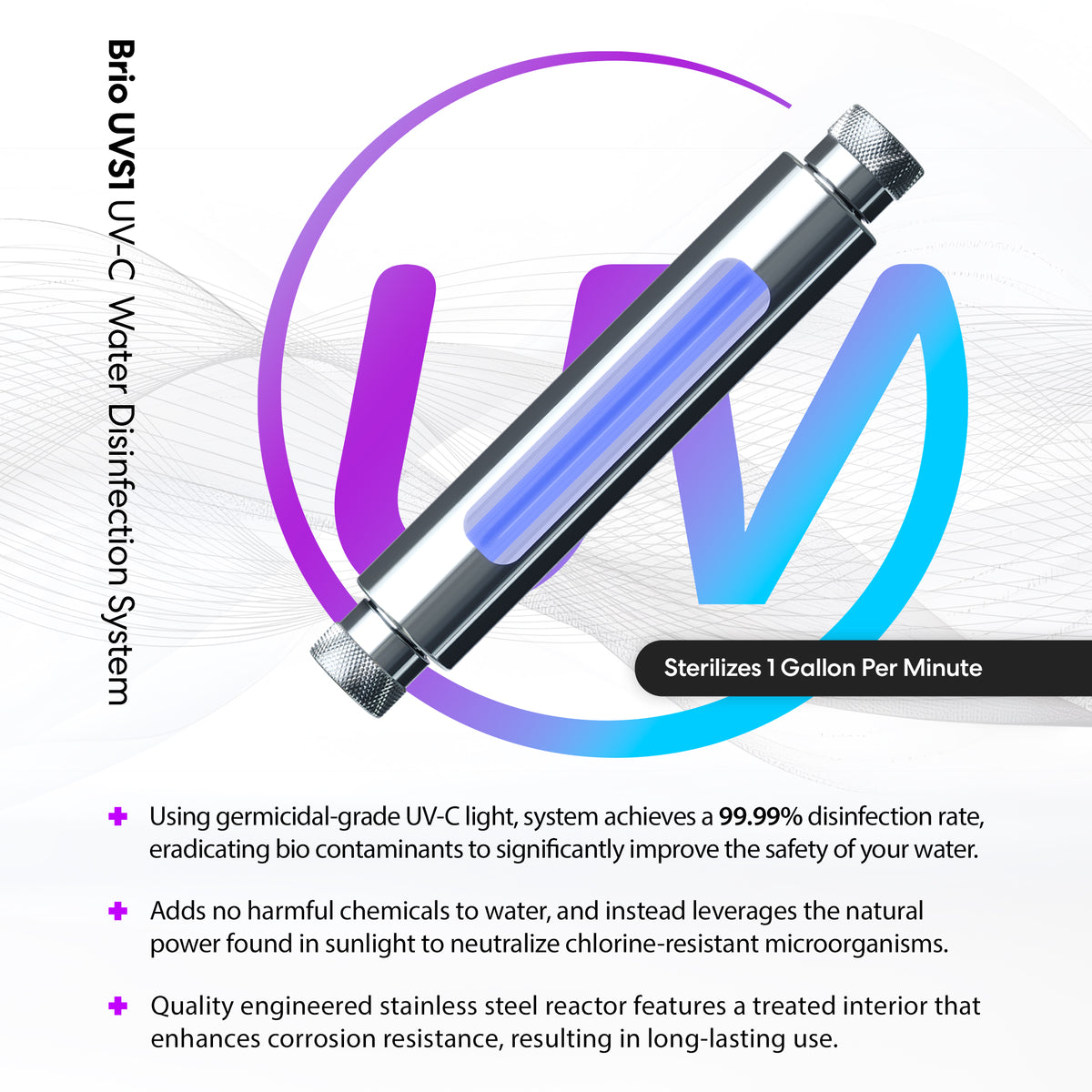 The UV-C Ultraviolet Light 1 GPM system is shown emitting a blue glow, featuring chemical-free water treatment that sterilizes 1 gallon per minute with 99.99% disinfection and boasts a durable, corrosion-resistant stainless steel build.