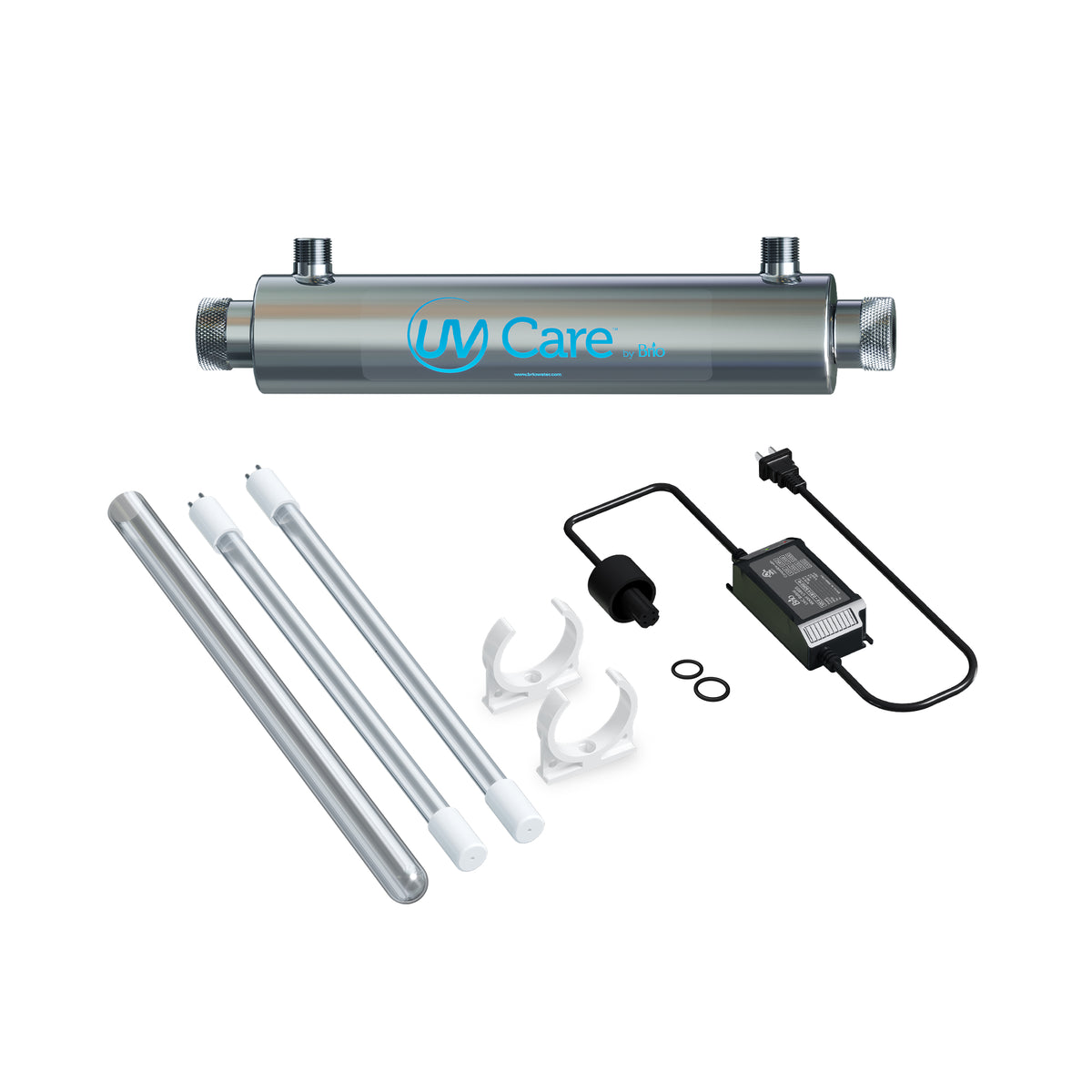 The UV-C Ultraviolet Light - 2 GPM is a stainless steel undersink UV system for chemical-free water treatment. It includes a control box, two UV-C lamps, quartz tube, two white mounting clips, and rubber O-rings, shown on a white background.