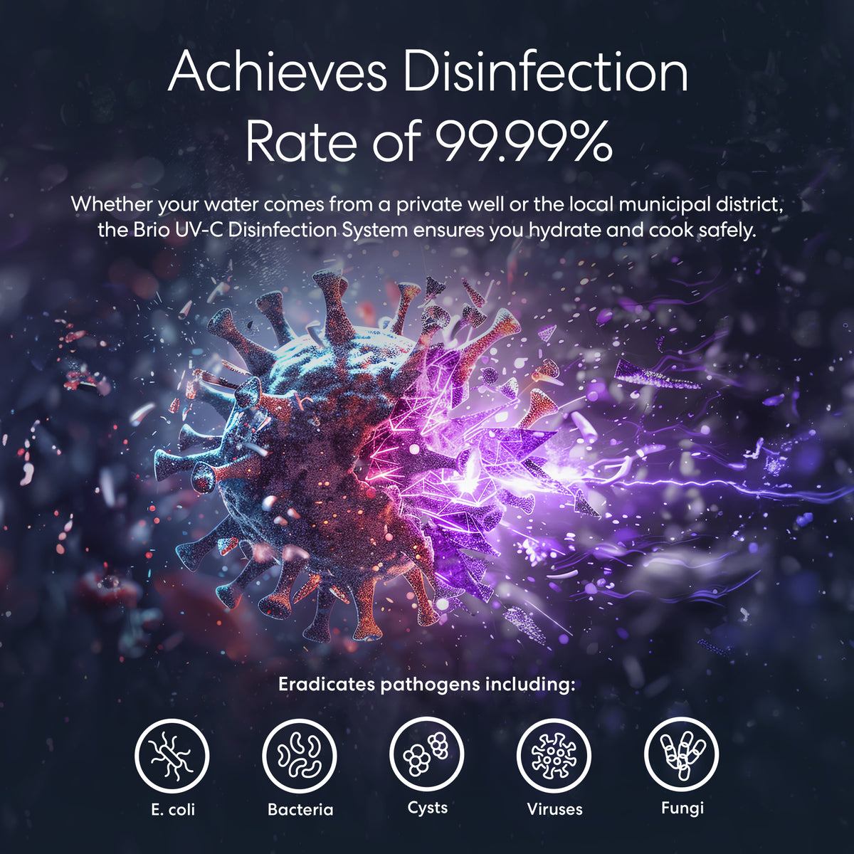 Digital illustration shows bacteria and viruses destroyed by UV-C Ultraviolet Light - 2 GPM, highlighting 99.99% chemical-free disinfection for water treatment; icons indicate removal of E. coli, cysts, and fungi with this advanced undersink UV system.
