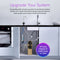 A modern kitchen features the UV-C Ultraviolet Light - 2 GPM water disinfection system, installed under the sink. It’s compatible, easy to install, chemical-free, and offers UV lamp performance for up to 8,000 hours or 1 year.