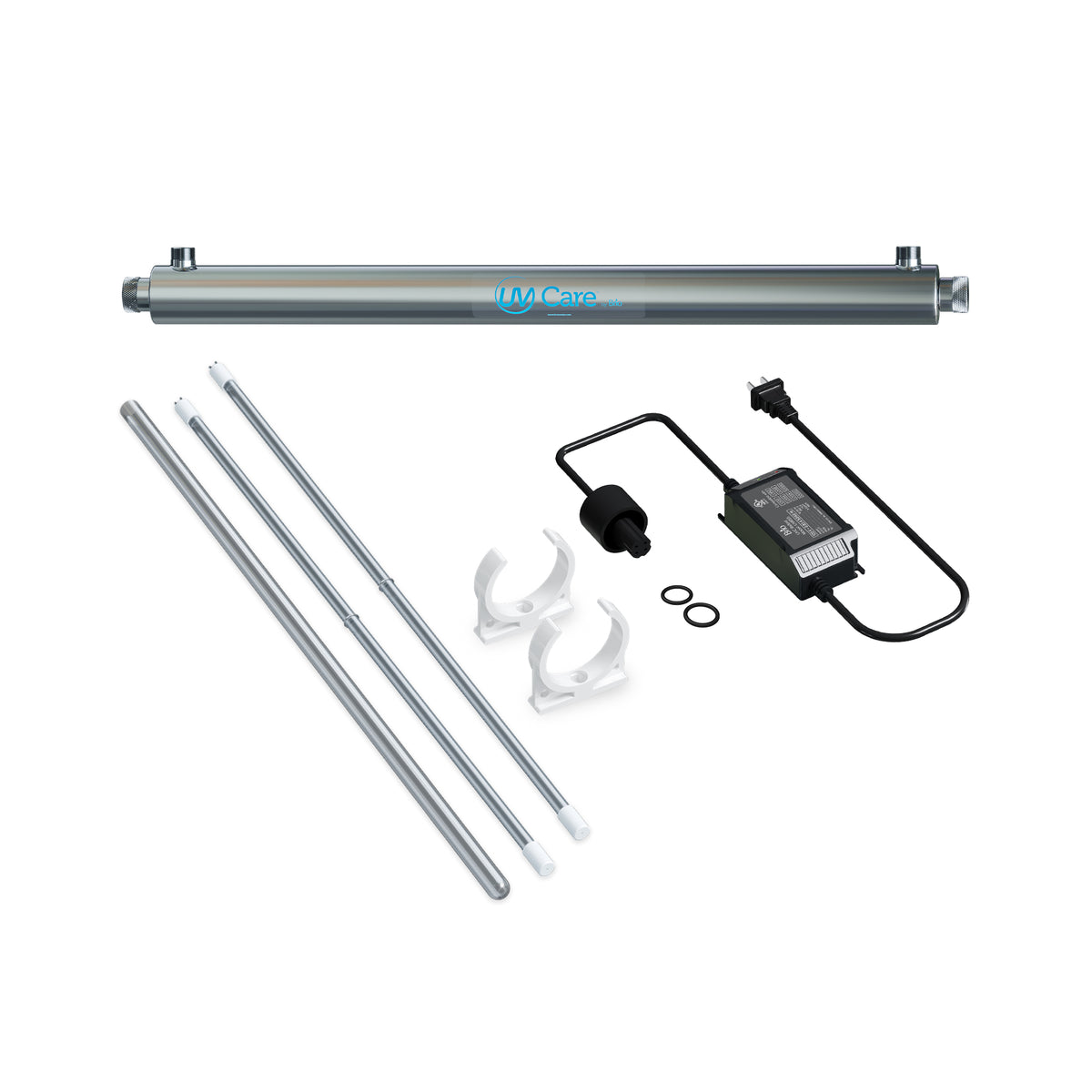 The UV-C Ultraviolet Light - 8 GPM kit includes a stainless steel chamber, four metal rods, two white mounting clips, a black power adapter, and two black O-rings for chemical-free water treatment. All items are displayed on a white background.