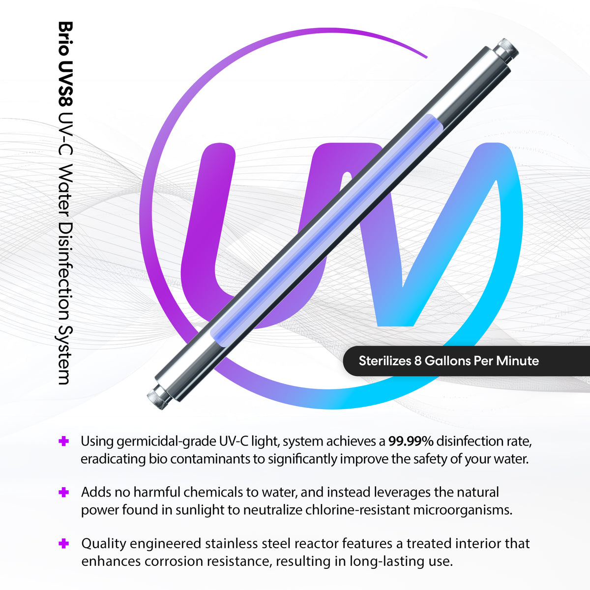 A UV-C Ultraviolet Light - 8 GPM lamp is shown above a purple UV graphic, with text noting its chemical-free water treatment, up to 8 gallons per minute sterilization, and benefits of its stainless steel reactor.