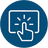 A circular blue icon with a white outline of a computer screen and a pointing hand, representing a digital touch or interactive feature.