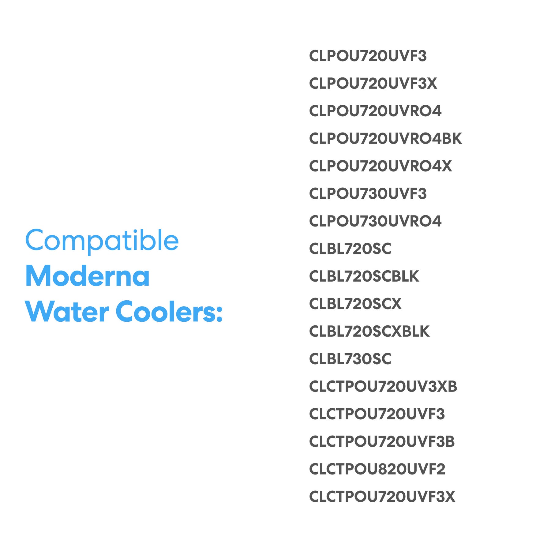 Compatible Moderna Water Coolers: is shown in bold blue on the left, listing eligible models in black on white. These models qualify for the 1-Year Extended Warranty – Moderna Water Coolers.