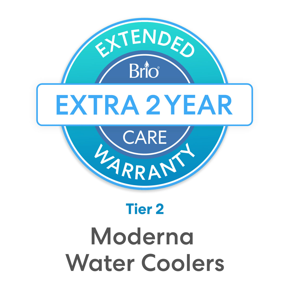 A blue circular badge reads "Brio Extended Care Warranty," highlighting "2-Year Extended Warranty" for Moderna Water Coolers.
