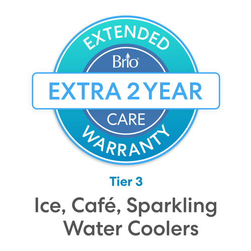 A blue circular badge featuring Brio 2-Year Extended Warranty – Ice, Café, Sparkling Water Coolers and Extra Care in the center. Below, text reads: Tier 3 Ice Café Sparkling Water Cooler and Water Cooler.