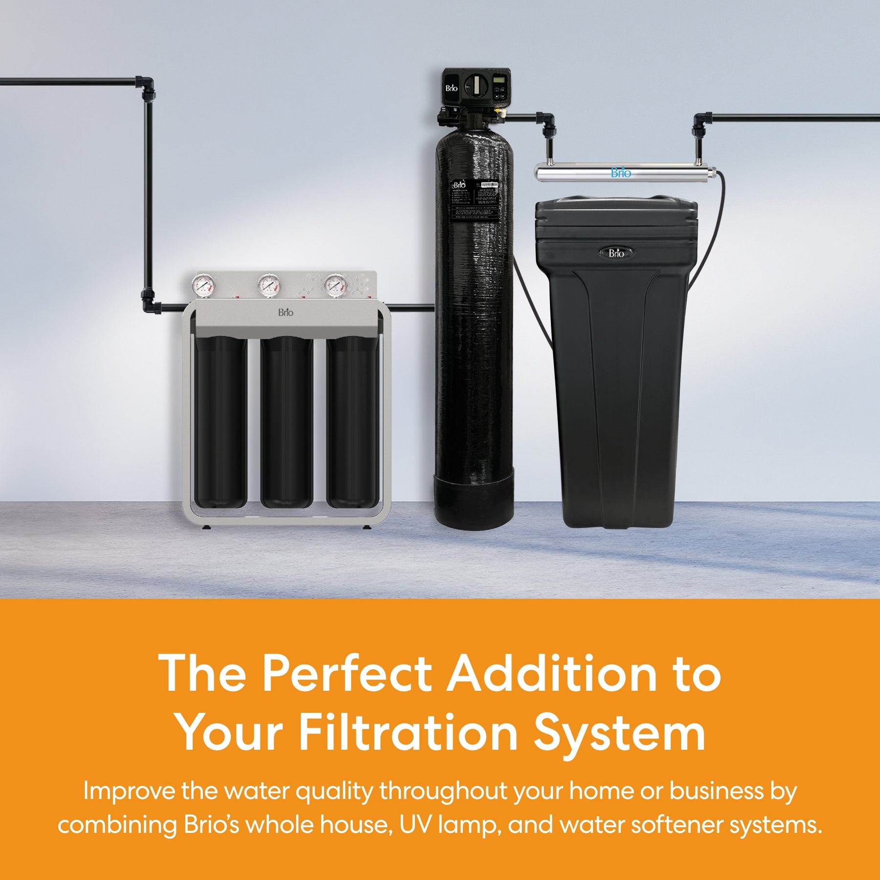 Brio water softener system components on a light gray background with promotional text