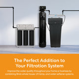 Brio water softener system components on a light gray background with promotional text