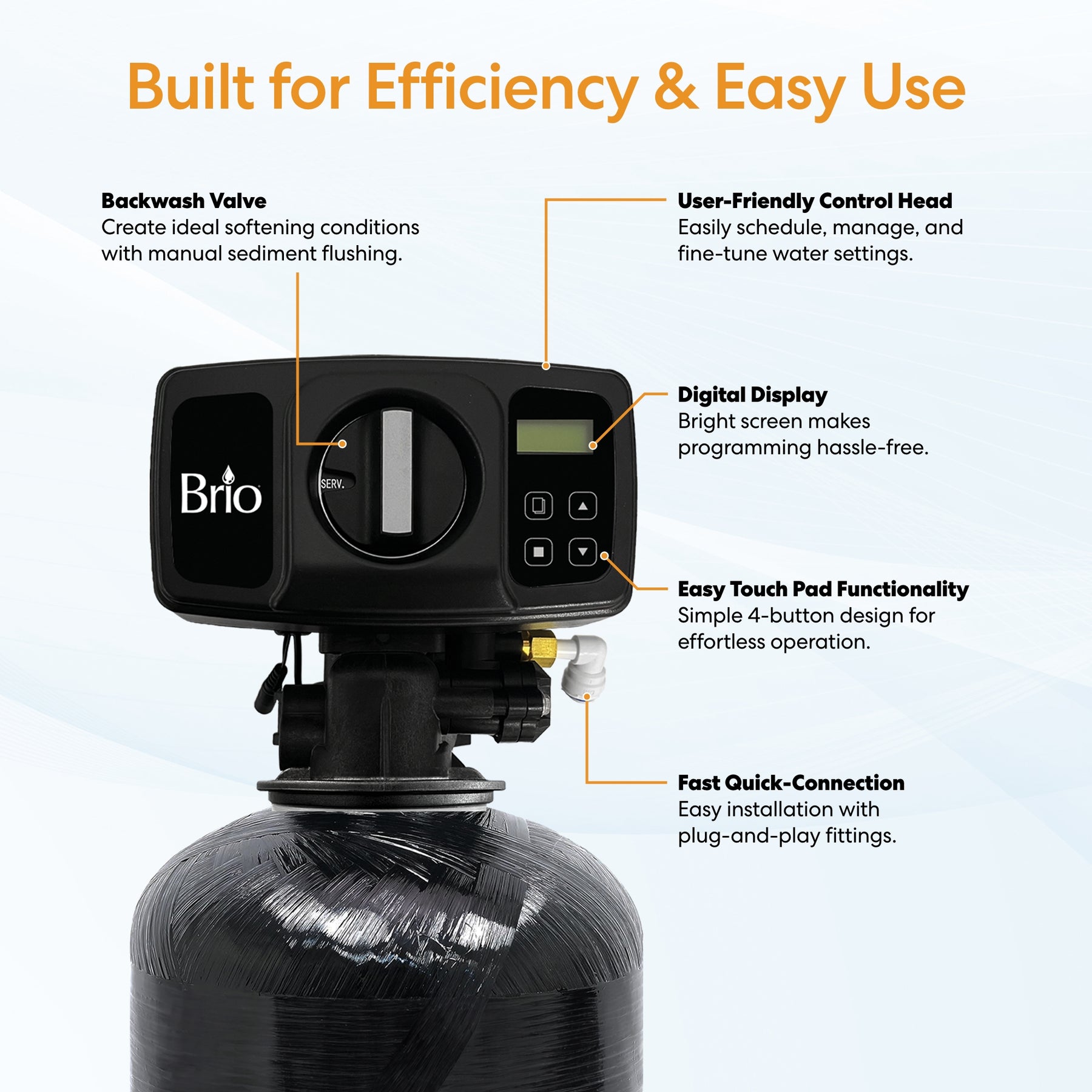 The Brio Whole House Water Softener System - 1-2 Bathrooms - 24,000 Grains features a black control head with labeled backwash valve, user-friendly digital display, easy touch pad, and quick-connect fittings.