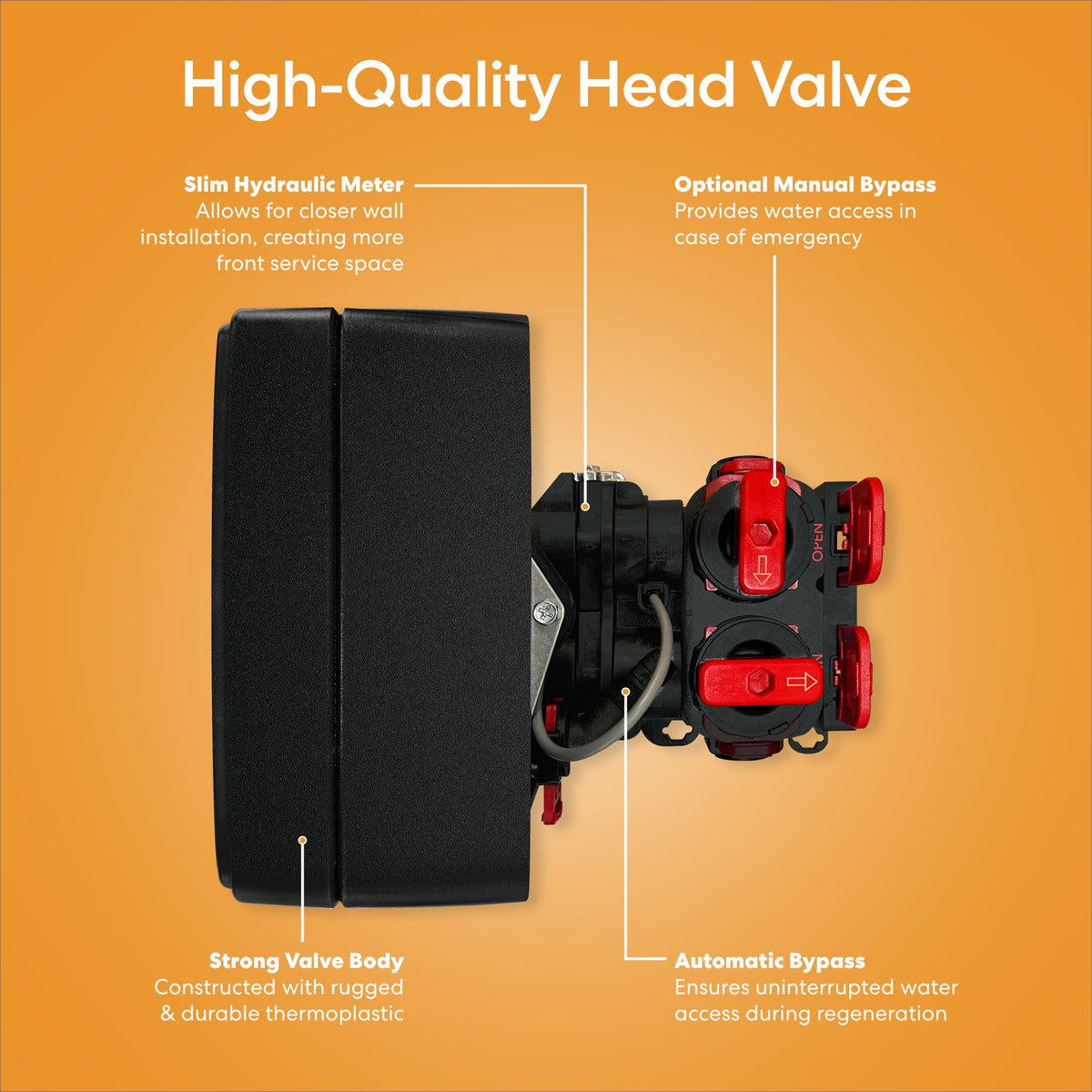 The Whole House Water Softener System (1-2 Bathrooms, 24,000 Grains) features a black and red high-quality head valve with slim hydraulic meter, strong valve body, optional manual bypass, automatic bypass—features clearly labeled on an orange background.