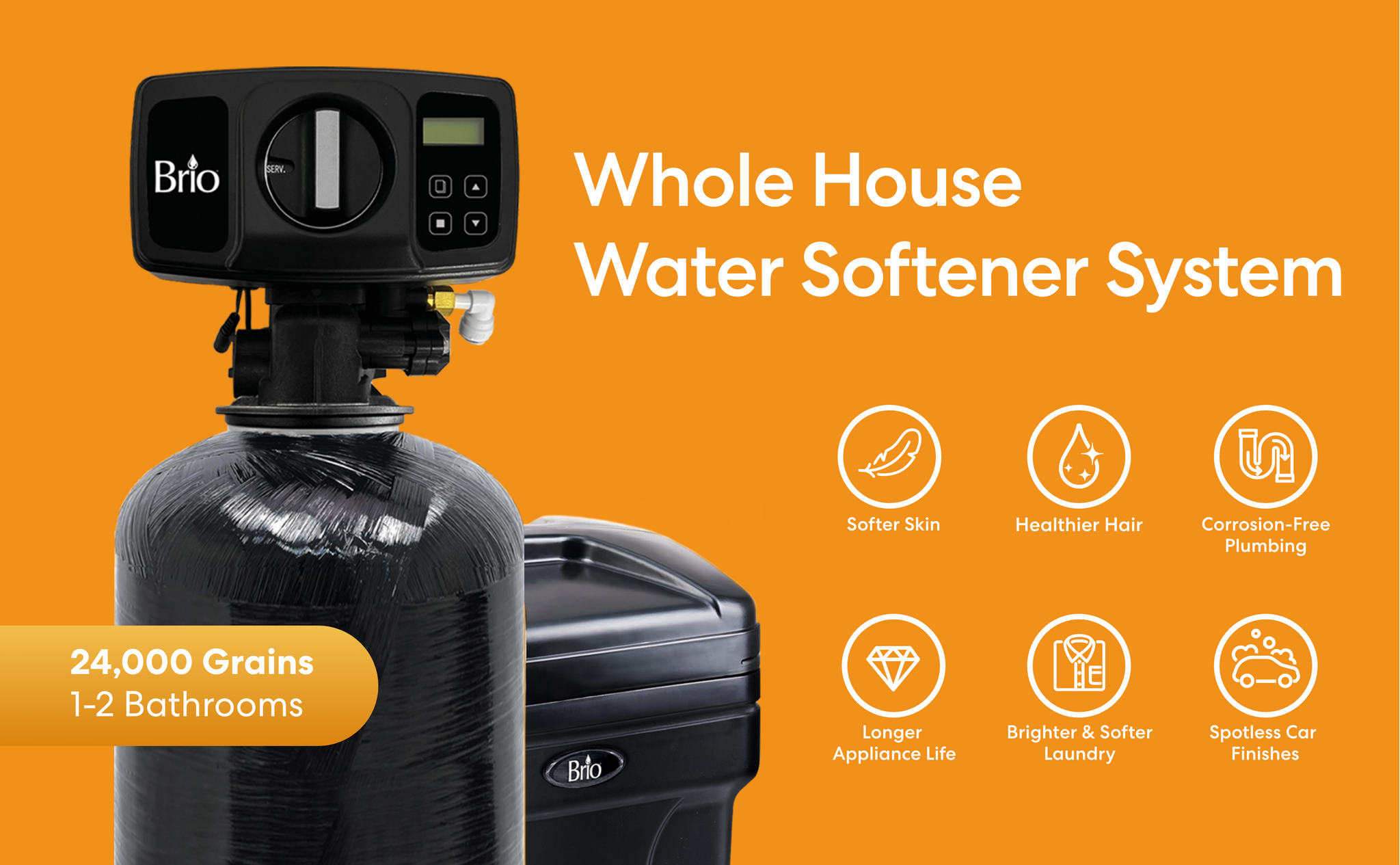 Brlo 24000 Grain whole house water softener system on an orange background with benefits listed.