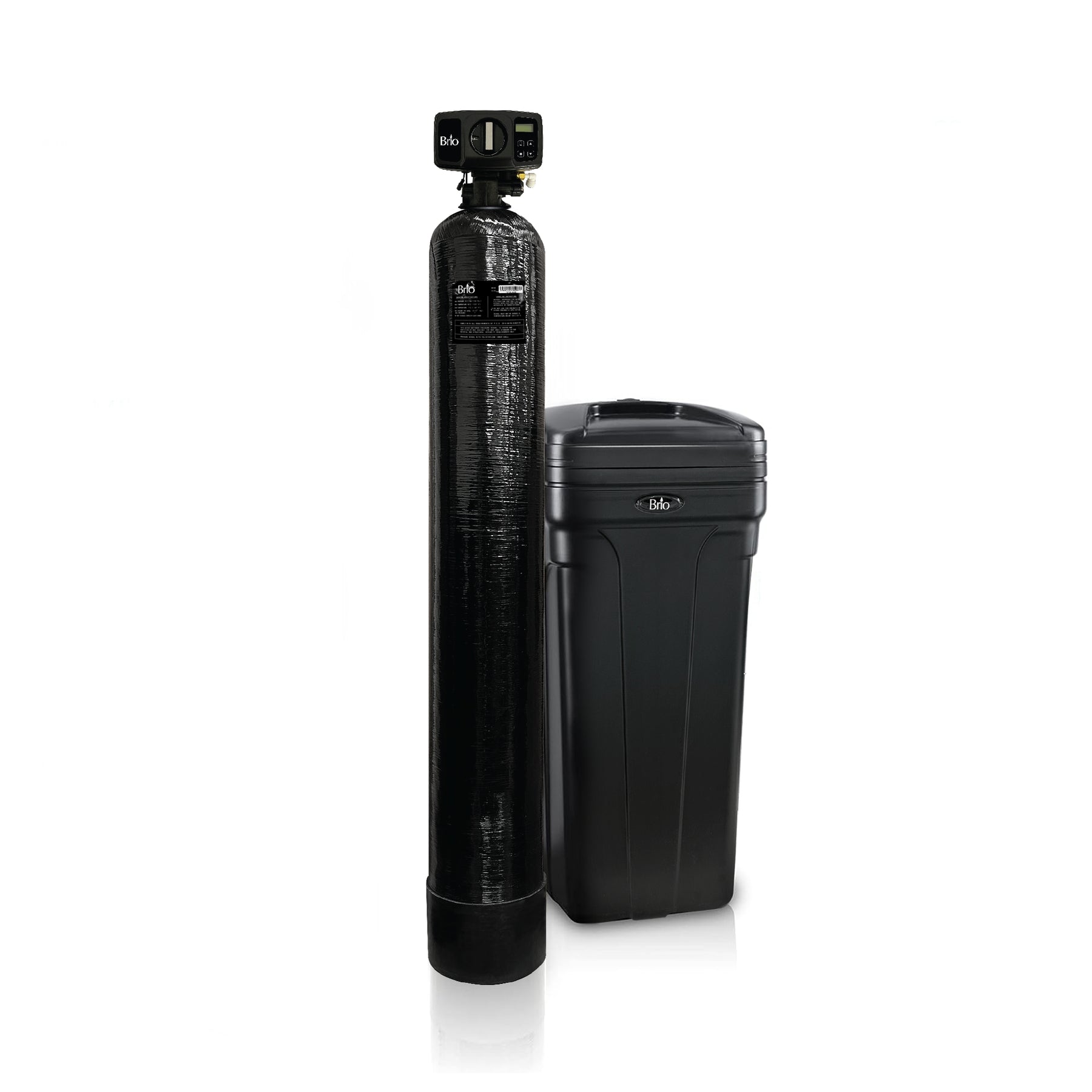 brio 32000 grain water water softener  system with tank, control valve and resing tank on a white background