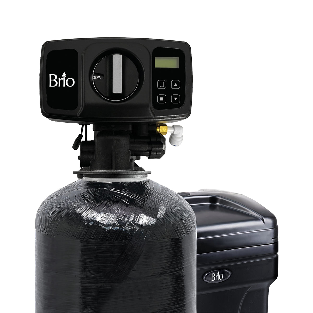 The Brio Whole House Water Softener System - 2-3 Bathrooms - 32000 Grains features a digital control head on a large black tank beside a matching brine tank, both displaying the Brio logo.