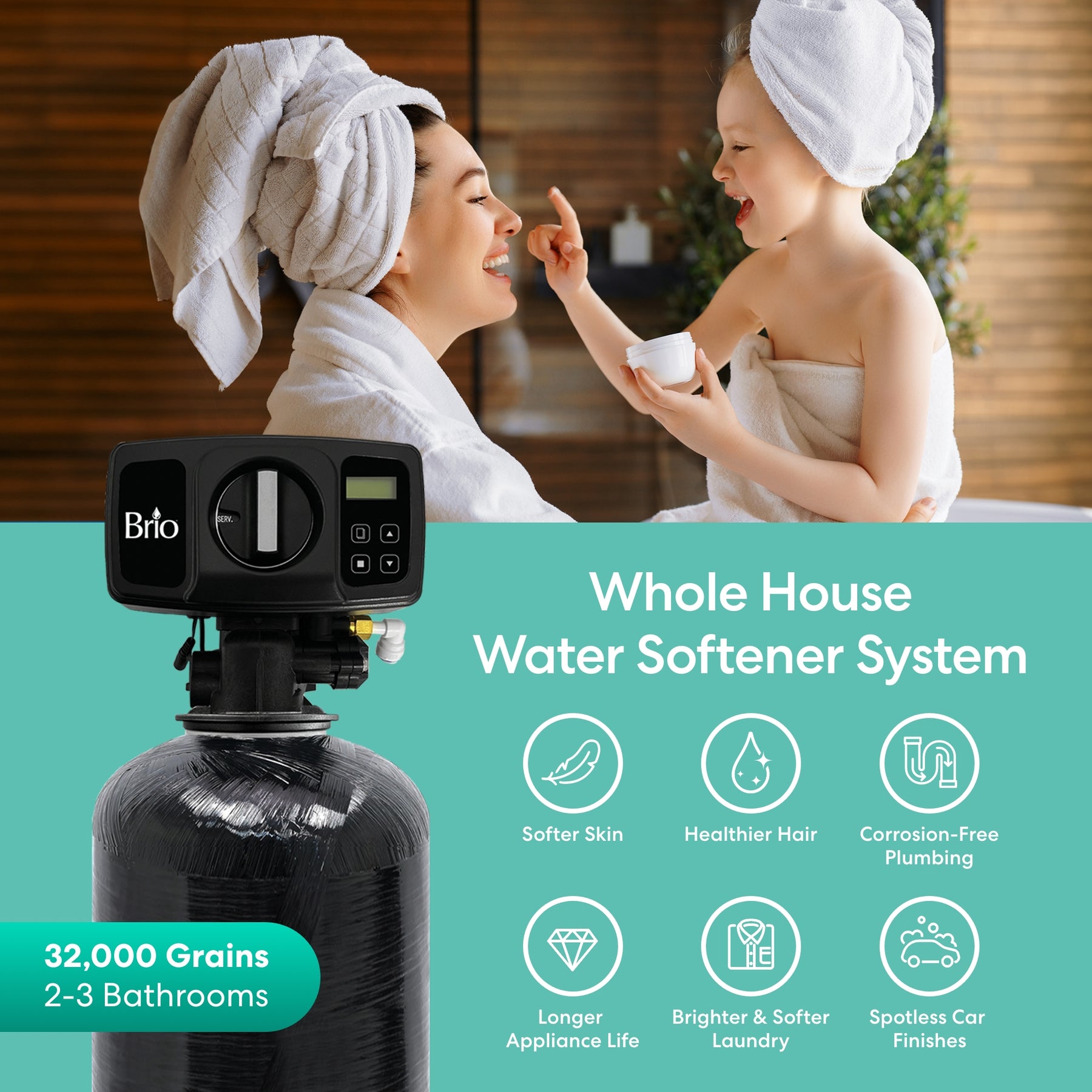 Brio 32000 grain whole house water softener system with a woman and child in a bathroom setting.