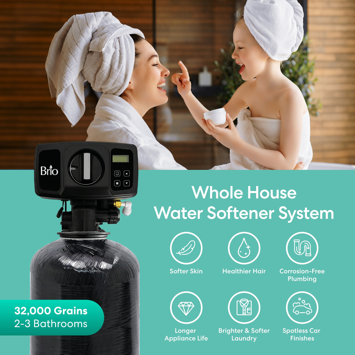 A smiling woman and child wrapped in towels enjoy a playful moment above the Whole House Water Softener System - 2-3 Bathrooms - 32000 Grains, with icons showing benefits like softer skin, healthier hair, and corrosion-free plumbing.