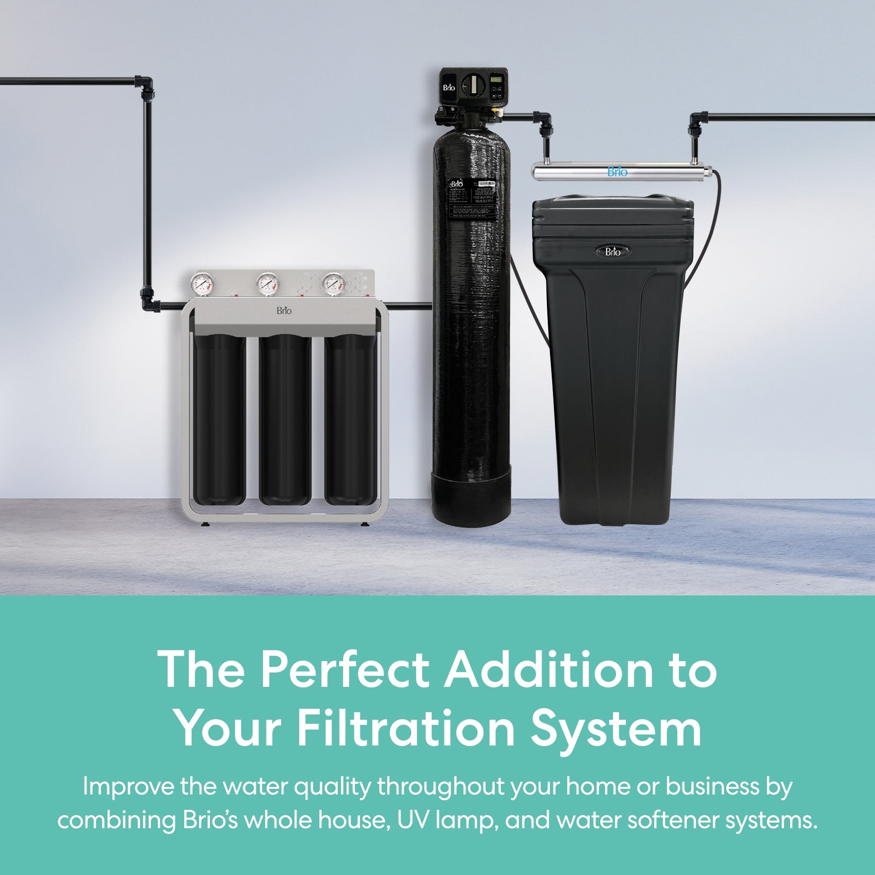 Brio water softener system components on a light gray background with promotional text.