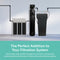 Three water filtration units are linked by pipes against a white wall, with text below highlighting the benefits of Brio’s Whole House Water Softener System for 2–3 bathrooms, featuring a 32,000 grain capacity.