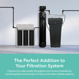 Brio water softener system components on a light gray background with promotional text.