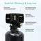 The Whole House Water Softener System - 2-3 Bathrooms - 32000 Grains is shown with labeled features: backwash valve, user-friendly control head, digital display, touch pad, and fast connection fittings explained in green and black text.
