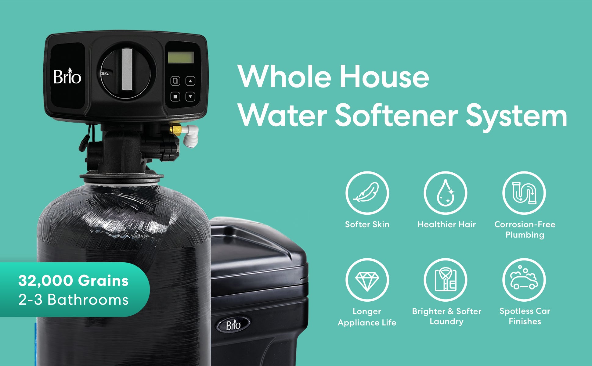 Brio 32000 grain water softener system features on a green background.