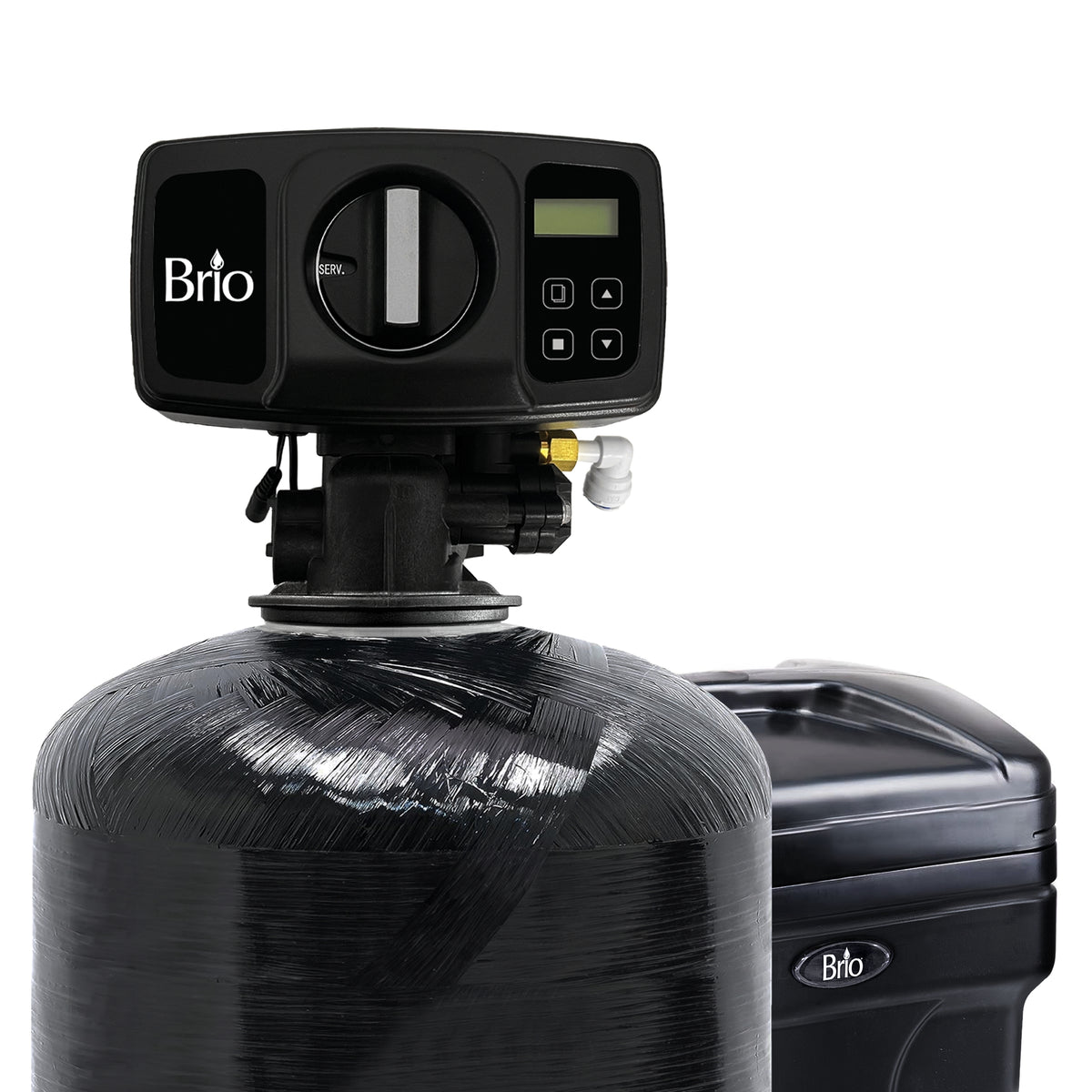 A Whole House Water Softener System - 4+ Bathrooms - 64,000 Grains, featuring a digital control head, meter, and brine tank wrapped in protective plastic.