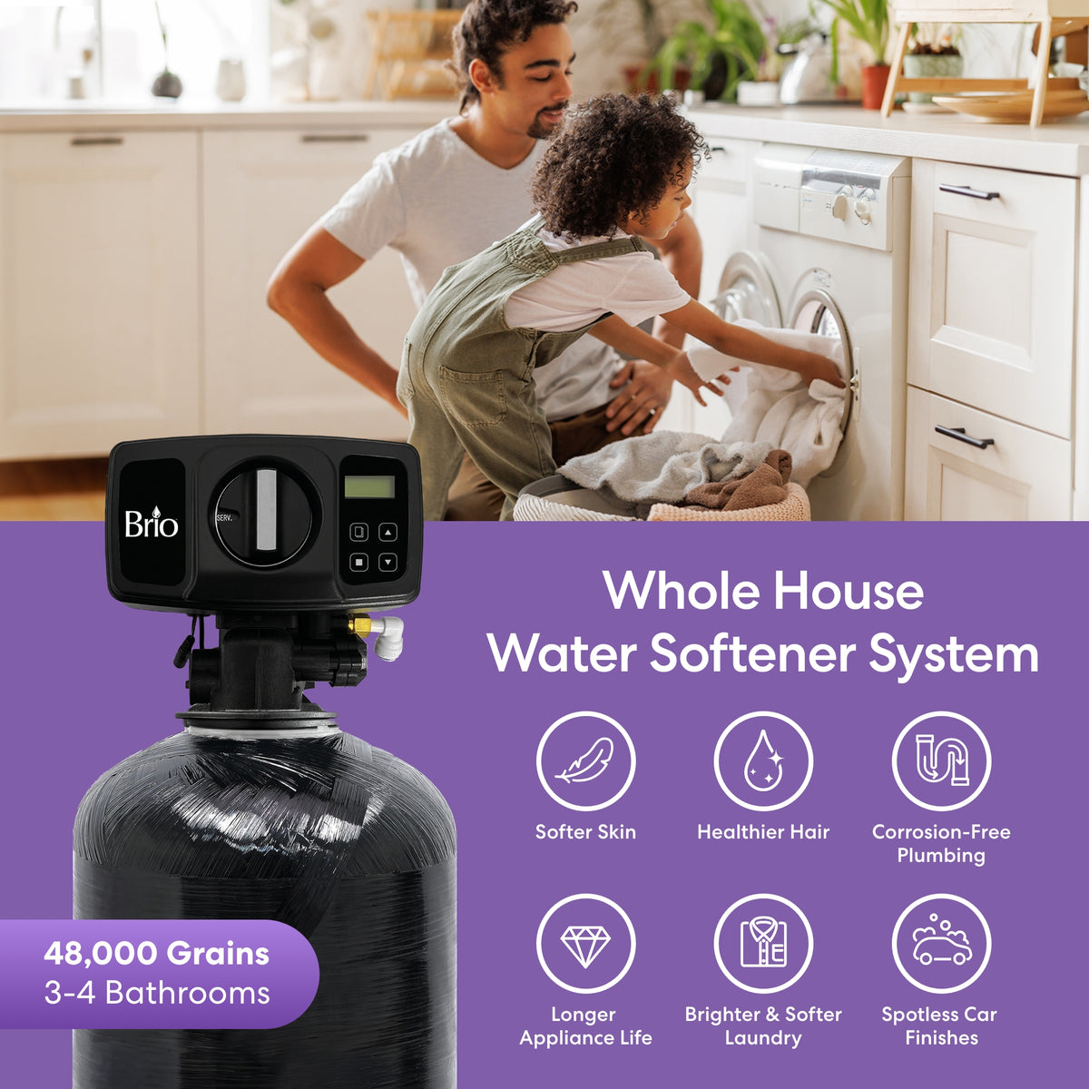 A man and child load laundry in a kitchen above a Whole House Water Softener System—3-4 Bathrooms, 48,000 Grain—ideal for families seeking softer skin and healthier hair.