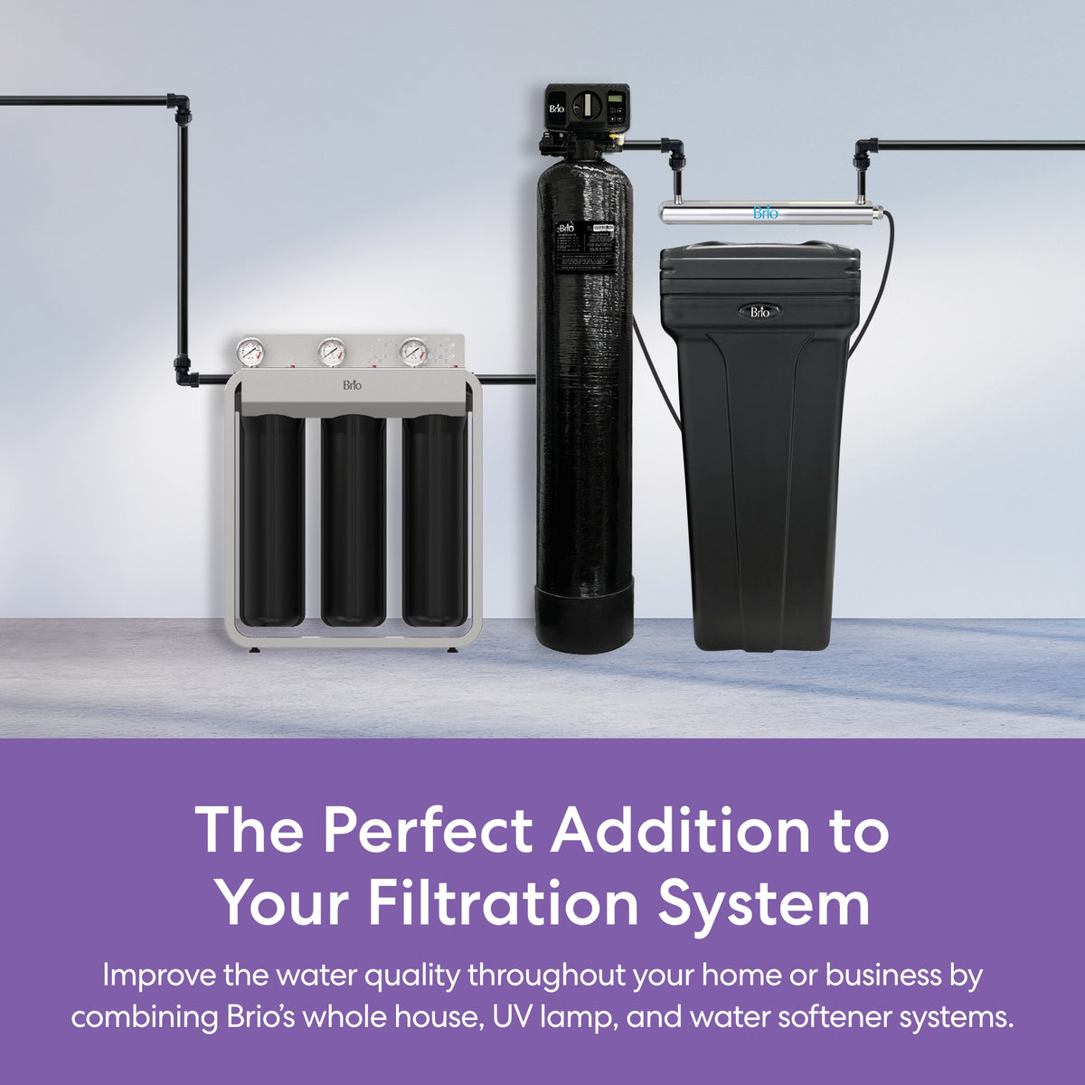 Three water filtration units linked by black pipes are shown above text promoting the Brio Whole House Water Softener System—3-4 Bathrooms, 48,000 Grain—as a powerful upgrade for home or business water quality.