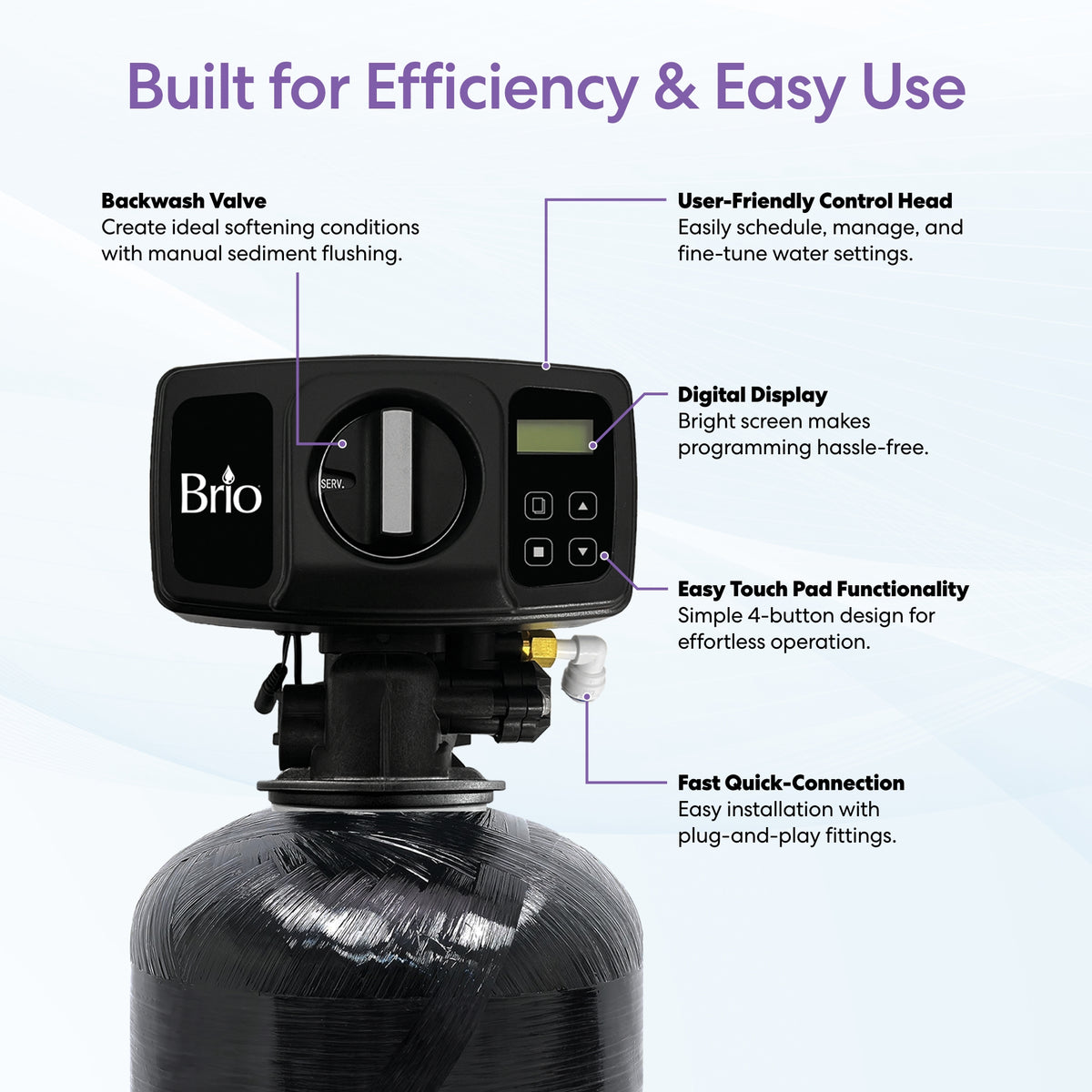 The Whole House Water Softener System - 3-4 Bathrooms - 48,000 Grain features a digital display, user-friendly touch pad controls, labeled backwash valve, and fast quick-connect for easy use.