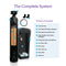 The Whole House Water Softener System - 3-4 Bathrooms - 48,000 Grain features labeled parts: control valve, tall resin tank, brine tank. A list shows included adapters, resin, tubes, brine tank, and salt grid.