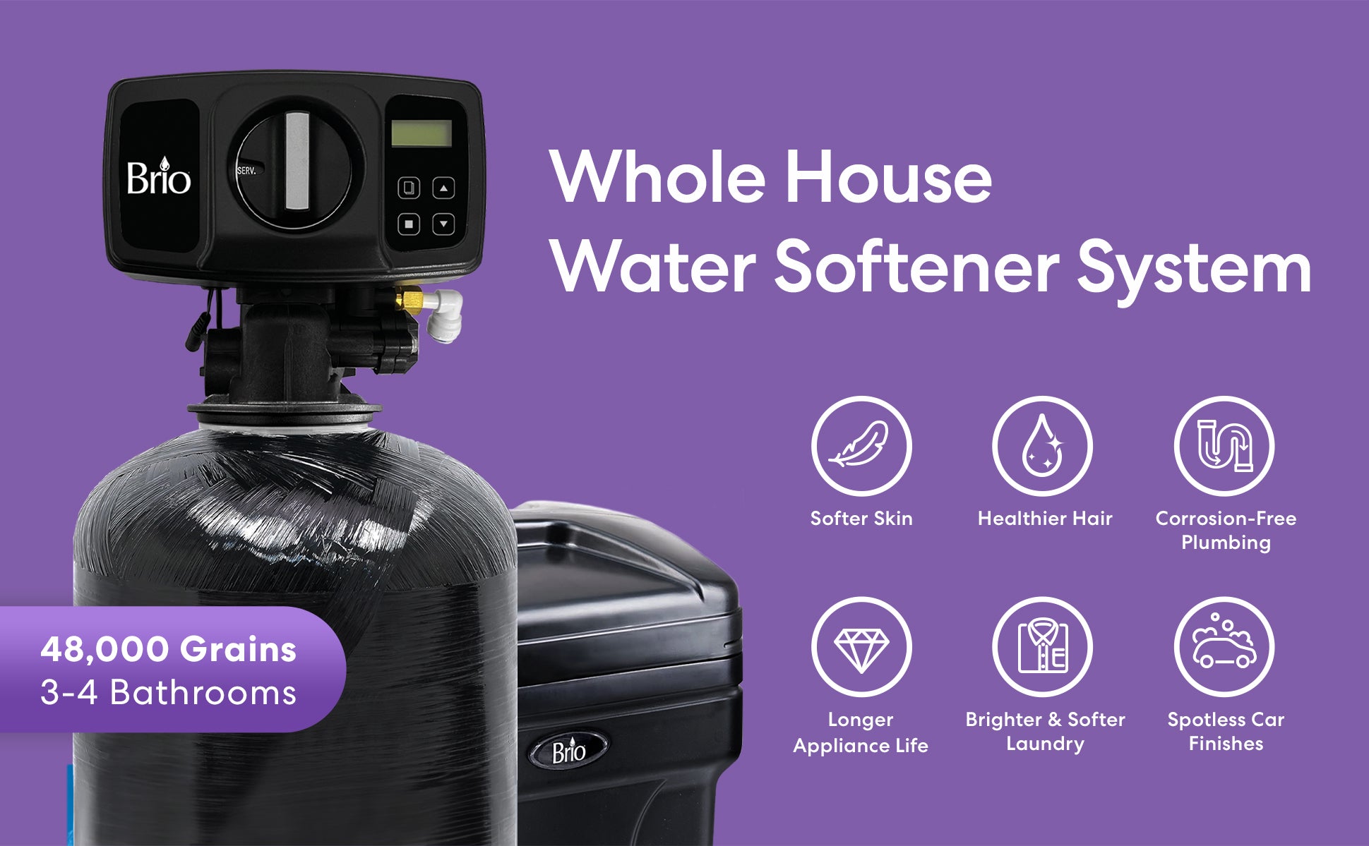 Brlo 48000 grain whole house water softener system with features listed on a purple background