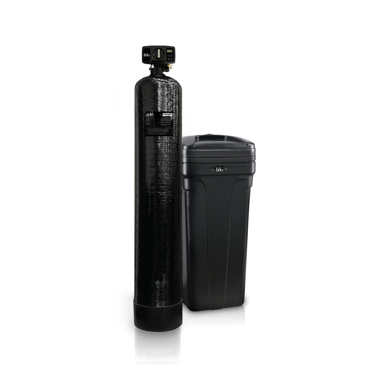 The Whole House Water Softener System - 4+ Bathrooms - 64,000 Grains features a black cylindrical tank and a shorter rectangular control unit, both side by side on a white background.