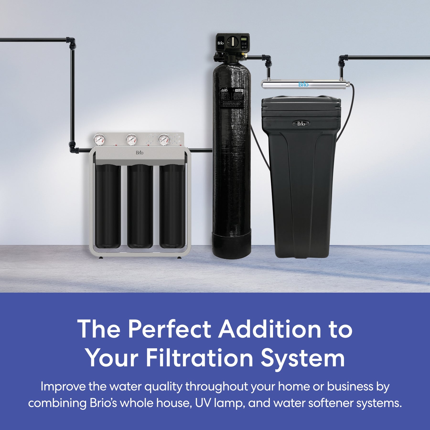 Brio water softener system components on a light gray background with promotional text.