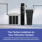 Three Whole House Water Softener System units (64,000 grains, for 4+ bathrooms) are shown with connected pipes against a light background. Text highlights them as Brio’s solution for enhanced water quality.