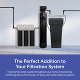 Brio water softener system components on a light gray background with promotional text.