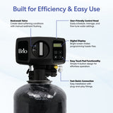Brio64000 grain water softener system with labeled features on a white background