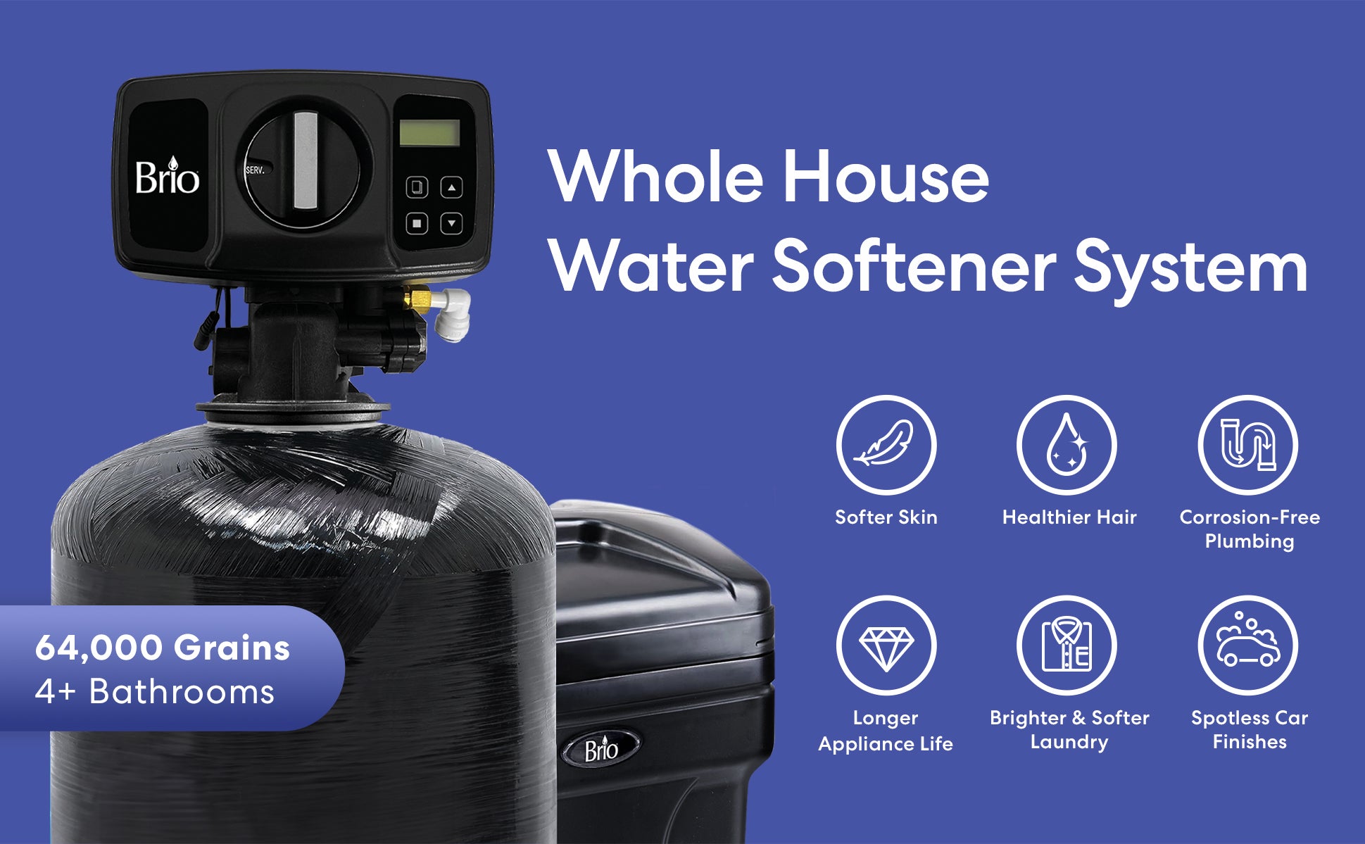Brlo 64000 grain whole house water softener system with features listed on a blue background
