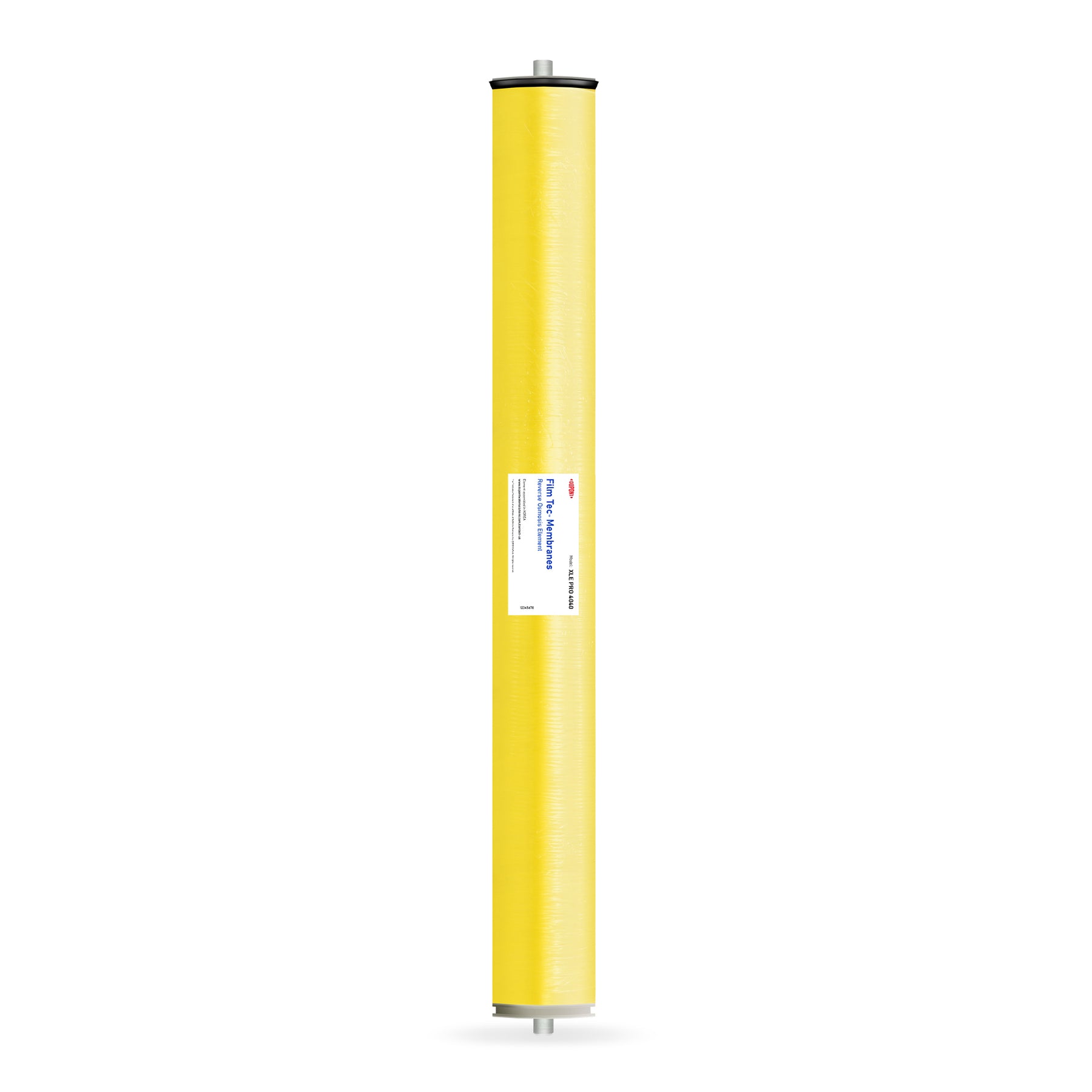 The DuPont FilmTec Commercial Reverse Osmosis Membrane 2750 GPD, a long, cylindrical yellow cartridge with metal end caps and a white center label, stands vertically against a plain white background.