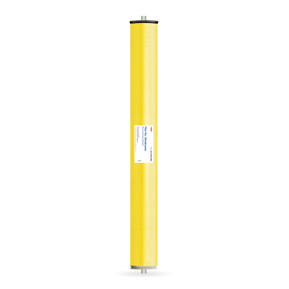 The DuPont FilmTec Commercial Reverse Osmosis Membrane 2750 GPD, a long, cylindrical yellow cartridge with metal end caps and a white center label, stands vertically against a plain white background.